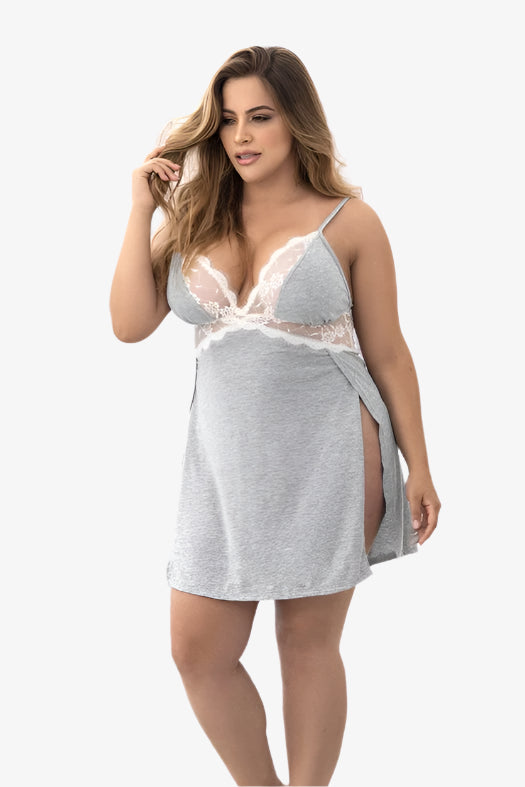 Woman wearing a gray nightgown with lace details