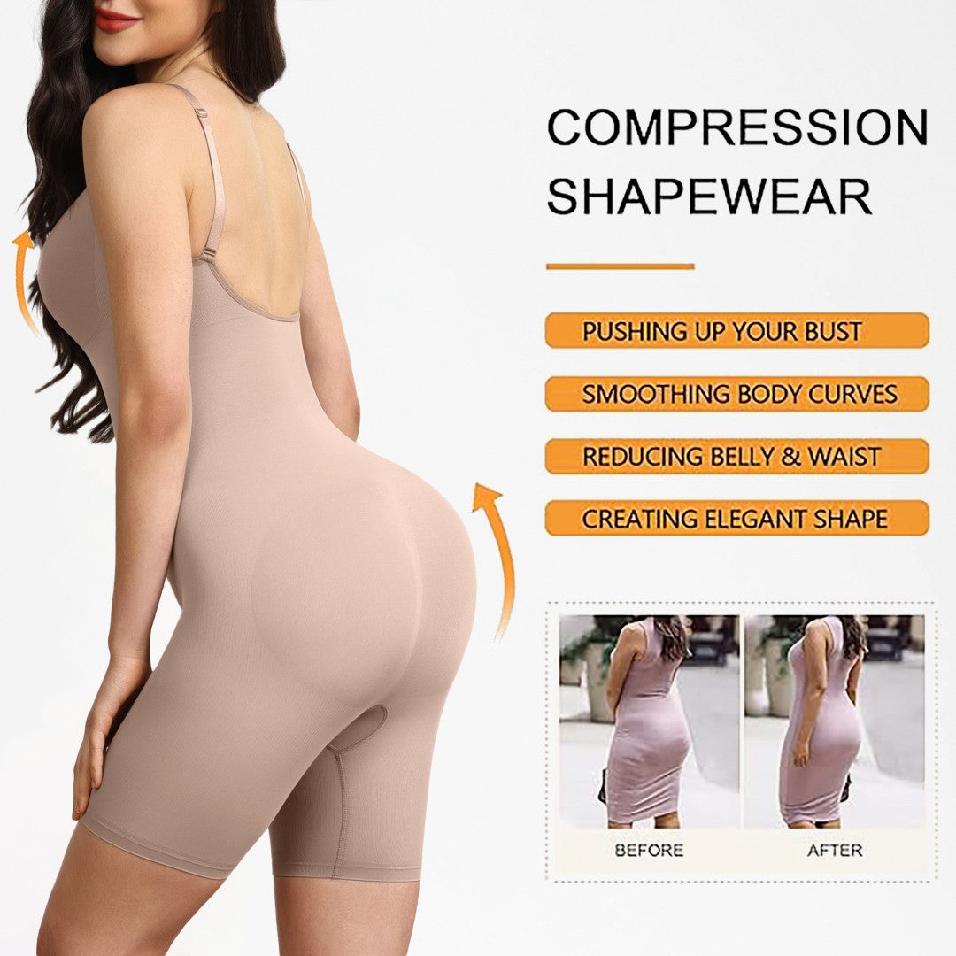 Compression shapewear with a model wearing it, showing before and after effects.