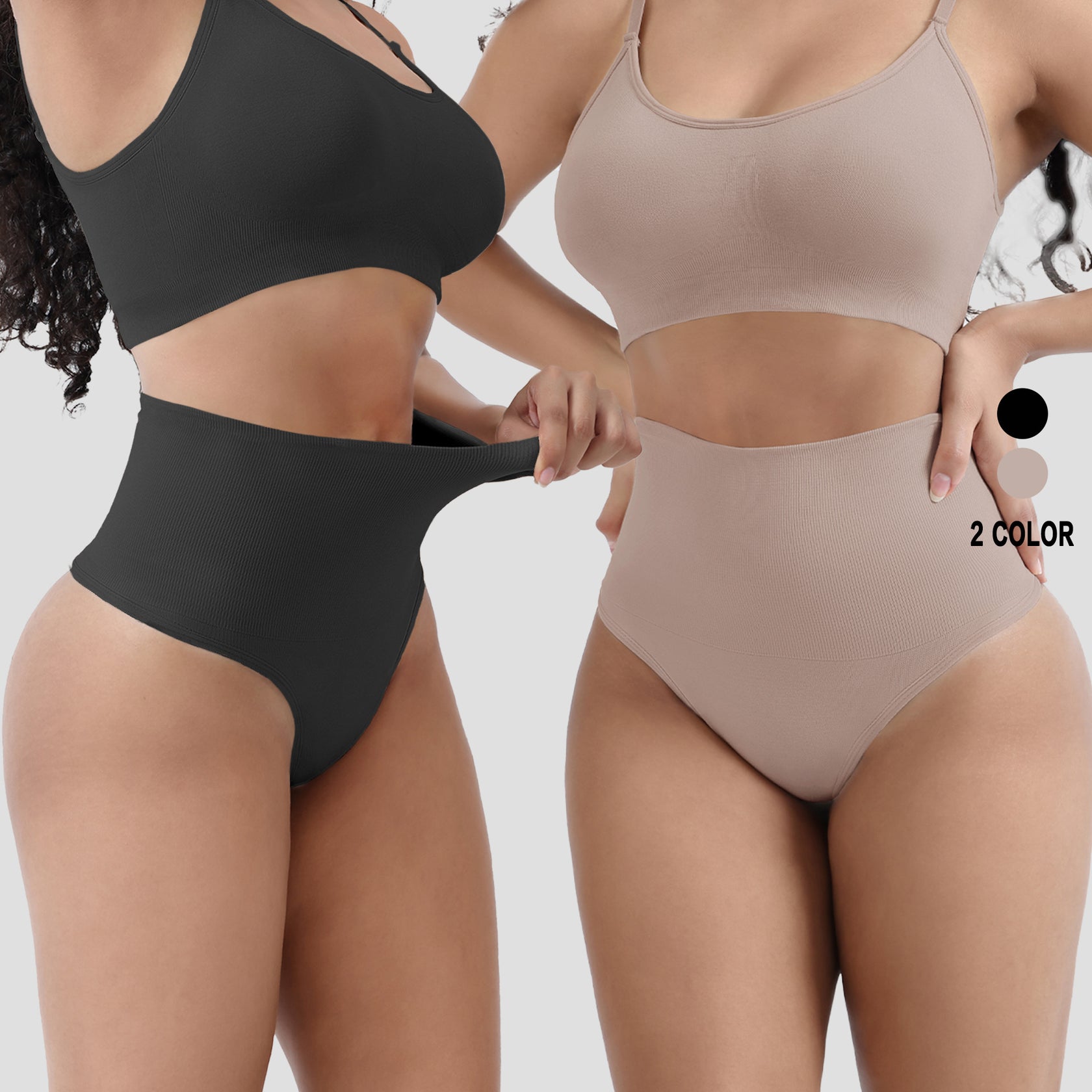 Two women wearing black and beige swimsuits on a plain background
