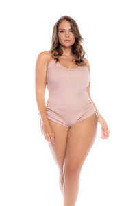 Woman wearing a pink bodysuit on a white background